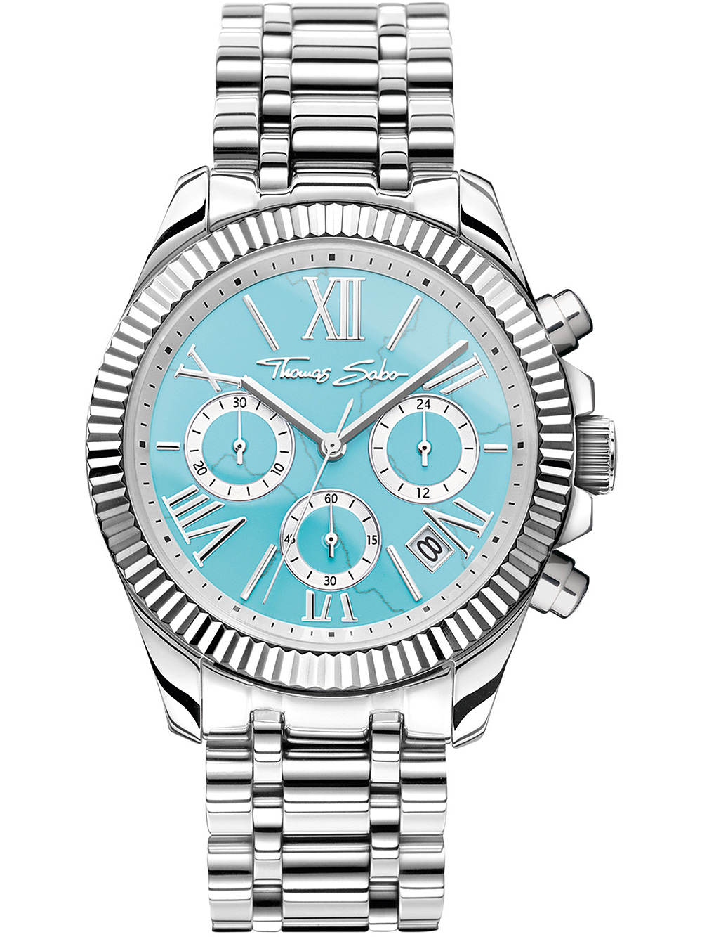 4051245550023 - Chronograph THOMAS SABO DIVINE CHRONO Armbanduhren silberfarben (silberfarben hellblau) Damen Quarzuhren Quarzuhr Armbanduhr Damen Datum Stoppfunktion 1224-Std-Anzeige