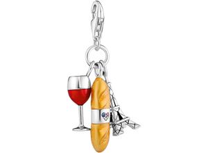 4051245562101 - Charm-Einhänger THOMAS SABO Rotweinglas Baguette und Eiffelturm 2078-390-7 Charms beige (silberfarben rot beige blau blau) Damen Charms Anhänger mit Korund (synth) Zirkonia (synth)