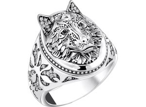 4051245572797 - Siegelring THOMAS SABO Wolf-Optik mit Steinen Silber TR2452-643-21-54-68 Fingerringe Gr 60 Silber 925 (Sterlingsilber) 5 mm bunt (silberfarben weiß schwarz schwarz) Damen Siegelringe mit Zirkonia (synth)