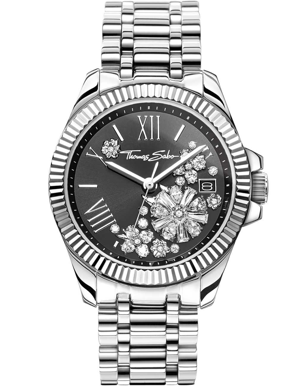 4051245584387 - Quarzuhr THOMAS SABO DIVINE FLOWER Armbanduhren silberfarben Damen Armbanduhr Damenuhr Edelstahlarmband analog Tag Zirkonia (synth)