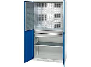 4051273792884 - Genius Materialschrank FS 5 OH abschließbar Lochrasterwände 2 Schübe 2 Fachböden bis 450 kg B 1055 x T 520 x H 1950 mm lichtgrau enzianblau