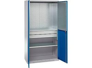 4051273792914 - Genius Materialschrank FS 5 OH abschließbar Lochrasterwände 2 Schübe 2 Fachböden bis 450 kg B 1055 x T 520 x H 1950 mm weißalu enzianblau + Gratis Einsatzkastenset-24 tlg