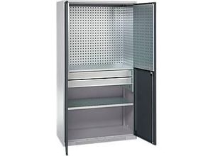 4051273792921 - Genius Materialschrank FS 5 OH abschließbar Lochrasterwände 2 Schübe 2 Fachböden bis 450 kg B 1055 x T 520 x H 1950 mm weißalu anthrazitgrau