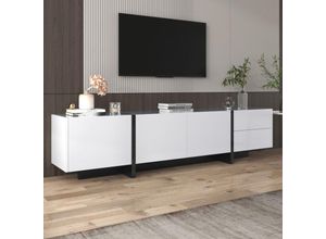 4051279628354 - Redom - TV-Schrank niedriges Sideboard mit glänzend weißen und schwarzen Blockbeinen mit Türen und Schubladen Türen mit Regalen Einfaches Design