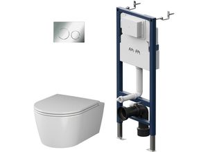 4051343102643 - Ampm - Vorwandelement II12709 inkl Drückerplatte II90151 + Wand wc CFA1700SC ohne Spülrand + WC-Sitz mit Soft-Close-Absenkautomatik - Weiß Chrom