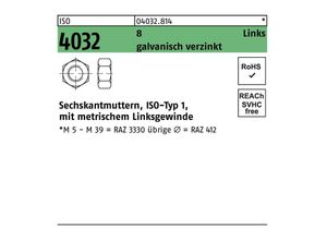 4051426662941 - Sechskantmutter iso 4032 links m 39 8 galvanisch verzinkt - Bufab