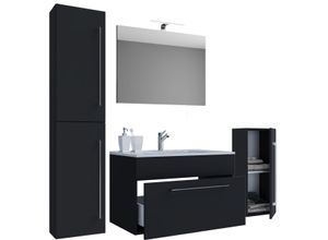 4051814381461 - 5-tlg Waschplatz Badinos 1 Schubfach 60 cm Mit Spiegel + Midi- Hochschrank Schwarz