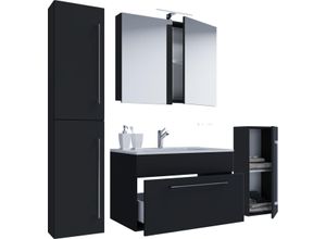 4051814381553 - 5-tlg Waschplatz Badinos 1 Schubfach 80 cm Mit Spiegelschrank + Midi- Hochschrank Schwarz