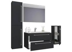 4051814381584 - 5-tlg Waschplatz Badinos 2 Schubfächer 60 cm Mit Spiegel und Midi-   Hochschrank Schwarz