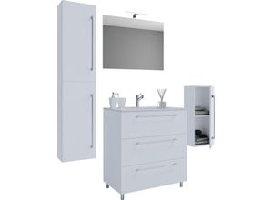 4051814381690 - 5-tlg Stand-Waschplatz Badinos 3 Schubfächer 60 cm Mit Spiegel + Midi- Hochschrank Weiß