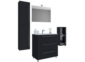 4051814381706 - 5-tlg Stand-Waschplatz Badinos 3 Schubfächer 60 cm Mit Spiegel + Midi- Hochschrank Schwarz