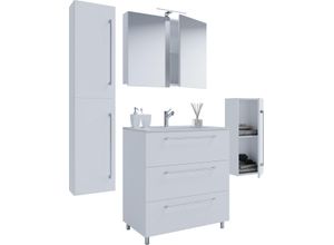 4051814381799 - 5-tlg Stand-Waschplatz Badinos 3 Schubfächer 60 cm Mit Spiegelschrank + Midi- Hochschrank Weiß