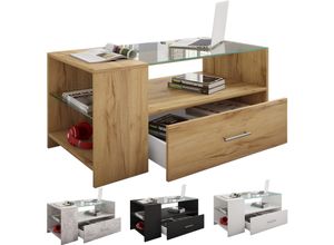 4051814404627 - Holz Couchtisch Sofatisch Wohnzimmertisch Beistelltisch Schublade Glas Tindala