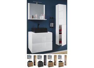 4051814432040 - 4-tlg Waschplatz Waschtisch schwarzes Waschbecken Unterschrank Breite 60 cm Badmöbel Set mit Schubladen Drehtüren Spiegel Lendas S BL