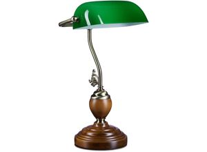 4052025166076 - Bankerlampe Holzfuß grün Klassiker Schreibtischlampe - Retro Tischlampe Banker Lampe Messing-Optik & geschwungenen Verzierungen der 30er Jahre - Holz