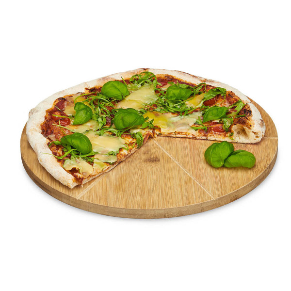 4052025202415 - Relaxdays - Pizzateller Bambus 33 cm Durchmesser Schneidbrett aus Holz schnittfestes Pizzabrett mit 6-facher Einteilung für gleichmäßig große