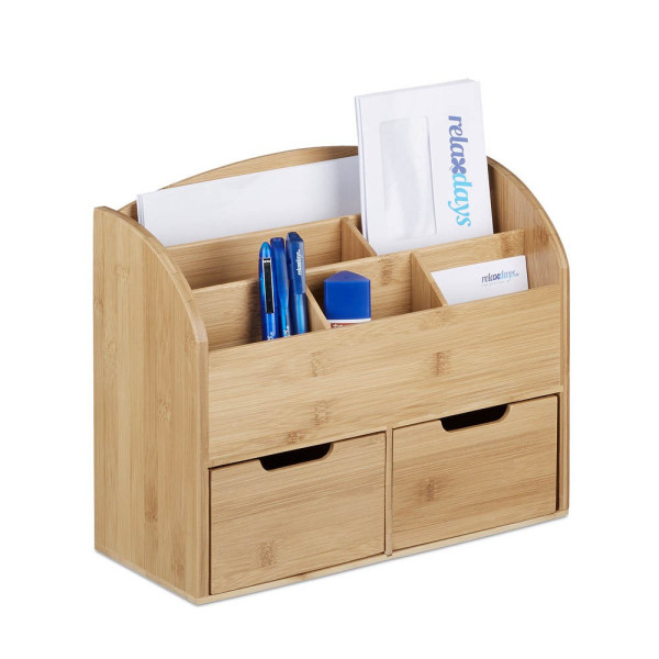 4052025203368 - Relaxdays - Schreibtisch-Organizer Bambus Briefablage 6 Fächer 2 Schubladen natürliche Maserung h x b x t 28 x 33 x 135 cm natur