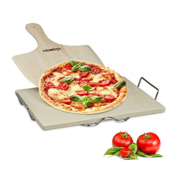 4052025204884 - Pizzastein Set 15 cm Stärke mit Metallhalter und Pizzaschieber aus Holz hbt 7 x 43 x 315 cm rechteckiger Brotbackstein für Pizza und Flammkuchen