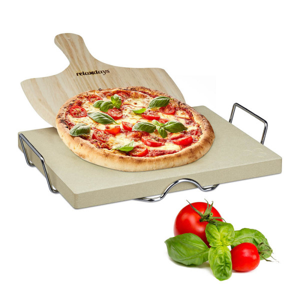 4052025204891 - Relaxdays Pizzastein Set 3 cm Stärke mit Metallhalter und Pizzaschieber aus Holz HBT 7 x 43 x 315 cm rechteckiger Brotbackstein für Pizza und