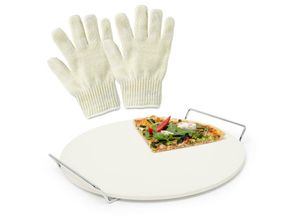 4052025216269 - Relaxdays - 3 teiliges Pizza-Set Pizzastein aus Cordierit für Backofen und Grill 2 Grillhandschuhe aus Aramid beige