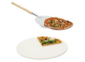 4052025216276 - Relaxdays - 2 teiliges Pizza-Set runder Pizzastein Cordierit für Backofen und Grill Pizzaschaufel Pizzaschieber mit langem Griff