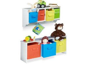 4052025216627 - Relaxdays - 2 teiliges Kinderzimmer Aufbewahrungsset Kindersitzbank mit Stauraum Wandregal Wandgarderobe weiß mit bunten Stoffboxen