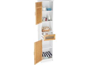 4052025218461 - Badschrank 2 Türen 1 Schublade Hochschrank HxBxT ca 180 x 39 x 30 cm Holz und Bambus weiß-braun - Relaxdays