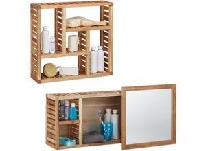 4052025221737 - Relaxdays - 2 tlg Badregal Set Walnuss Wandregal mit 5 Fächern Badezimmerschrank mit Spiegel Holzschrank natur geöltes Holz