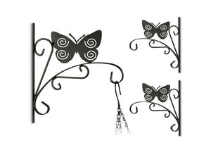 4052025222536 - Relaxdays - 3x Blumenhaken mit Schmetterling-Motiv Blumenampelhalter für Wand Metall Garten-Deko hbt 30 x 275 x 2cm schwarz