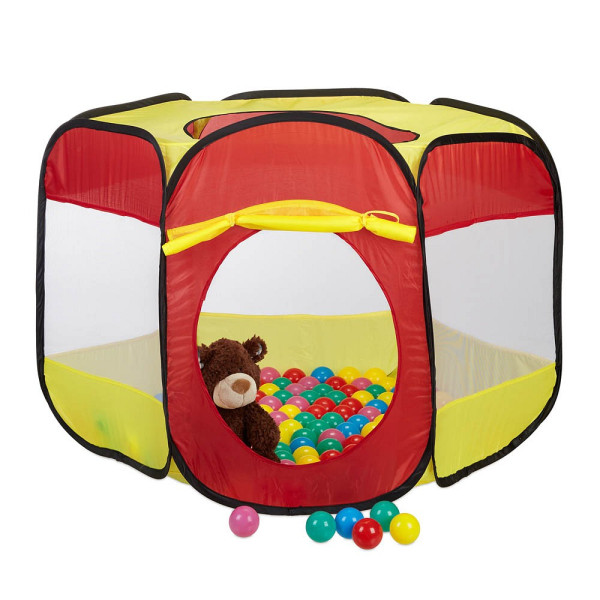 4052025224714 - Bällebad mit 100 Bällen für Kinder Popup Spielzelt als Ballpool ab 3 hbt 70x85x100 cm sechseckig rot-gelb - Relaxdays