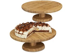 4052025230944 - Relaxdays - 2x Tortenplatte rund im Set 33 cm Durchmesser Kuchenplatte aus Bambus mit Standfuß natur