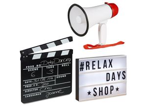 4052025233501 - 3 tlg Film-Set Light Box LED Megafon 10 Watt Filmklappe Holz Leuchttafel mit 85 Zeichen Flüstertüte Regieklappe