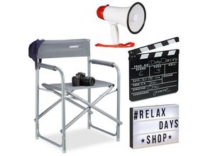 4052025233525 - Relaxdays - 4 tlg Film-Set Regiestuhl faltbar Light Box led Megafon 10 Watt Filmklappe Holz Campingstuhl Leuchtbox 85 Zeichen