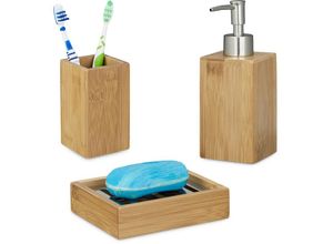 4052025234096 - Relaxdays - 3 teiliges Badaccessoire Set aus Bambus Seifenspender nachfüllbar Seifenschale Seifenablage Zahnputzbecher natur