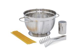 4052025234515 - Relaxdays Pastaset 3-teilig Kochzubehör für Pasta Nudelsieb mit Griff Nudelzange Parmesanstreuer Edelstahl silber