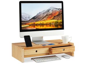 4052025242039 - Monitorständer Bambus Bildschirmerhöhung mit 2 Schubladen & Fächern Bildschirmständer hbt 14x60x30cm natur - Relaxdays