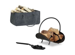 4052025244514 - Relaxdays - 3 tlg Kamin-Set Kaminholztasche Kaminholzkorb Kohlenschaufel Filz Stahl Henkel faltbar robust schwarz anthrazit