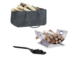 4052025244521 - 3 tlg Kamin-Set Kaminholztasche Kaminholzkorb Kohlenschaufel Filz Edelstahl Stahl faltbar silber schwarz grau