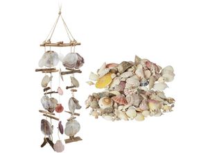 4052025248321 - Relaxdays - 2 teiliges Deko Set Windspiel Treibholz mit Capiz-Muscheln Muschel Mix mit Schnecken großes Klangspiel Stranddeko