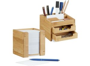 4052025248383 - Relaxdays - 2 tlg Schreibtisch Set Schreibtisch-Organizer mit Stiftehalter und Schubladen Zettelbox mit Notizzetteln Bambus