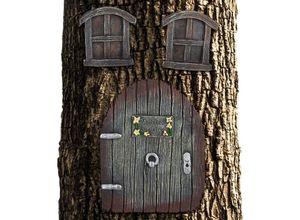 4052025253813 - Feentür Garten 3-teilig Feenfenster Baumstamm Deko wetterfest Baumdeko zum Aufhängen Fairy Door braun - Relaxdays