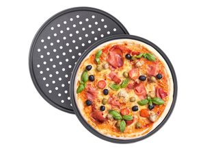 4052025256326 - Pizzablech 2er Set rund gelocht antihaft Pizza & Flammkuchen Carbonstahl Knusperblech ∅ 32 cm grau - Relaxdays