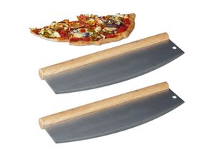 4052025258207 - 2 x Pizza Wiegemesser Edelstahl Pizzaschneider mit Holzgriff 1 Klinge mit Schutzhülle HxB 12 x 35 cm silber