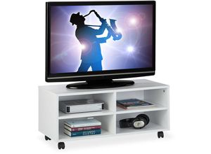 4052025259570 - Tv Board mit 4 Fächern mit Rollen für CDs DVDs & Konsole Phonotisch für Wohnzimmer hbt 35x80x35 cm weiß - Relaxdays