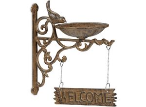 4052025263966 - Relaxdays Vogeltränke Gusseisen WELCOME Schild Gartendeko Wandmontage Futterstelle Wasserschale f Wildvögel braun