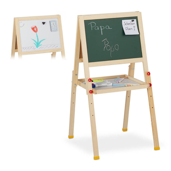 4052025272371 - Standtafel Kinder beidseitig magnetisch höhenverstellbar hbt 77x39x445 cm Whiteboard & Kreidetafel natur - Relaxdays