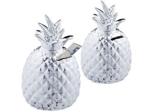 4052025273170 - Relaxdays - 2 x Spardose Ananas Dekofigur Sparschwein mit Schloss 2 Schlüssel Keramik Sparbüchse h x d 16 x 9 cm Silber