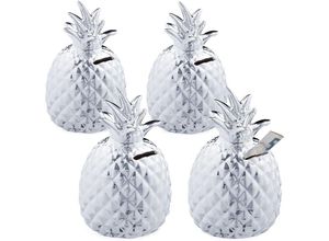 4052025273187 - Relaxdays - 4 x Spardose Ananas Dekofigur Sparschwein mit Schloss 2 Schlüssel Keramik Sparbüchse h x d 16 x 9 cm Silber