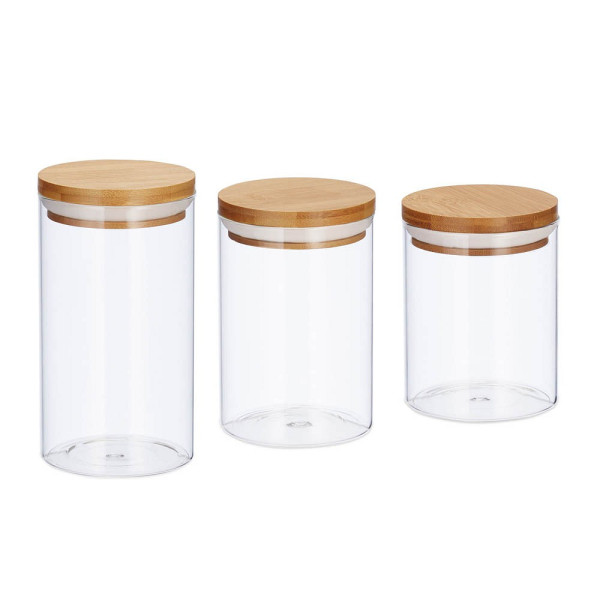 4052025279936 - Vorratsdosen Glas 3er Set Größen 500 700 1000 ml für Pasta Reis Müsli Kaffee d 95 cm Bambus natur - Relaxdays