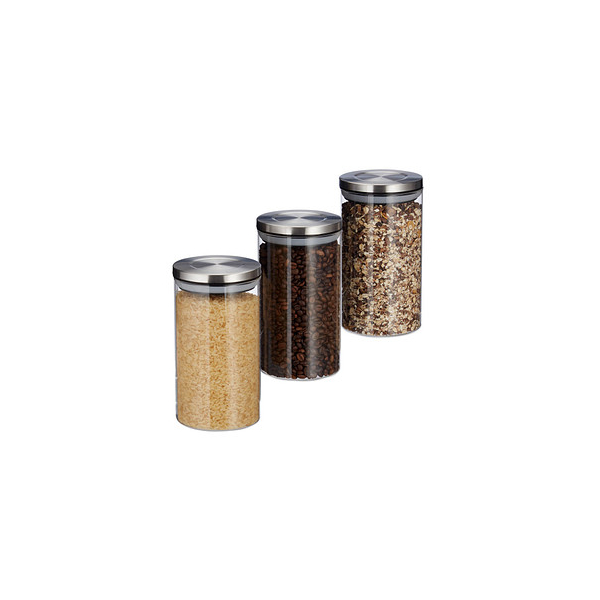 4052025279981 - Vorratsglas 3er Set je 1 l luftdicht Edelstahl Deckel für Pasta Müsli & Reis Küchenbehälter transparent - Relaxdays